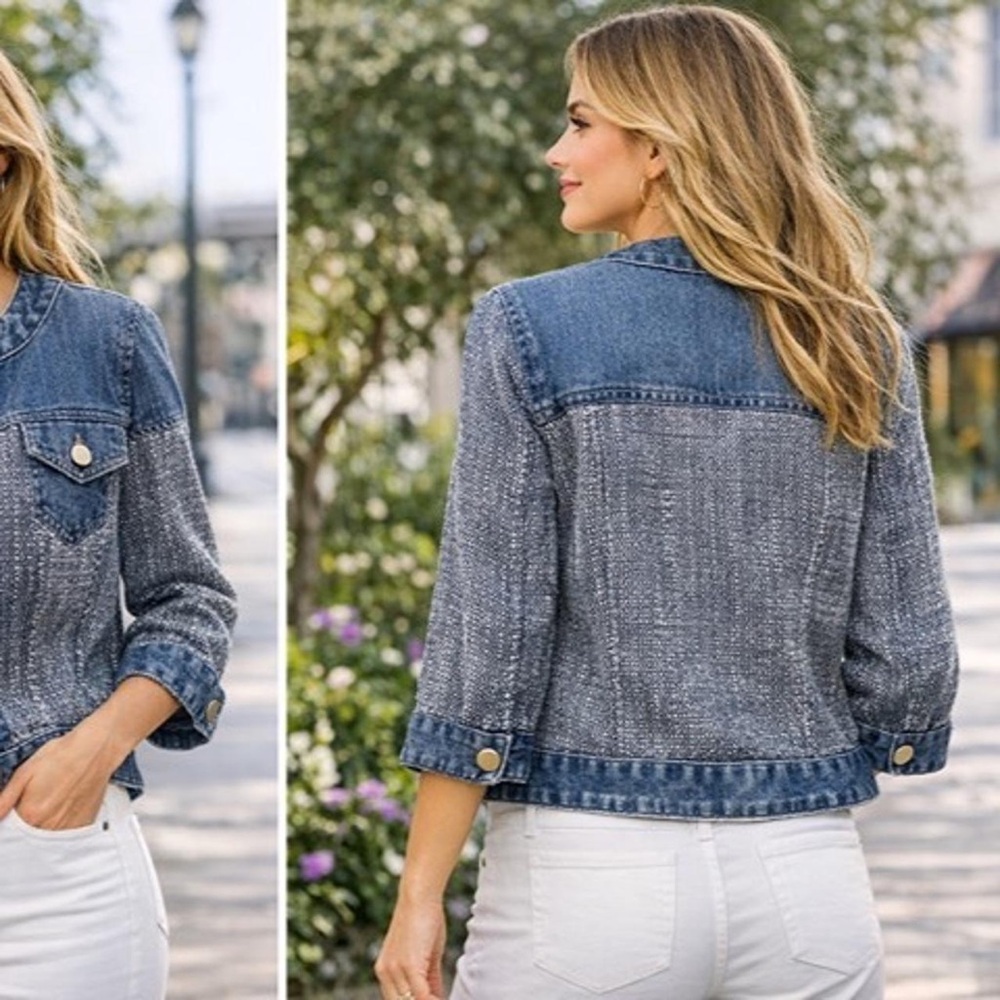 Chicos Unique Blue Jean Jacket Patchwork Denim Me… - image 2